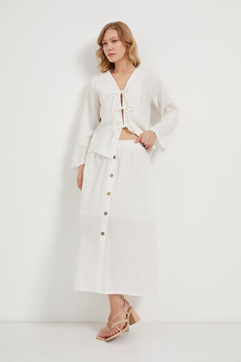 Arma Life Women's Buttoned Summer White Long Skirt with Elastic Waist