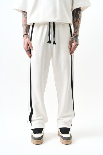 Respire Men's 2-Piece Stripe Detailed Interlock Baggy Sweatpants Ecru