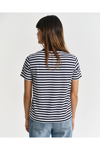 Gant Kadın Lacivert Regular Fit Bisiklet Yaka Çizgili T-Shirt
