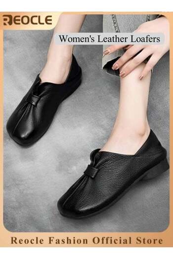 REOCLE Women's Loafers Soft Leather Loafers Comfort Casual Quilted Leather Slip On