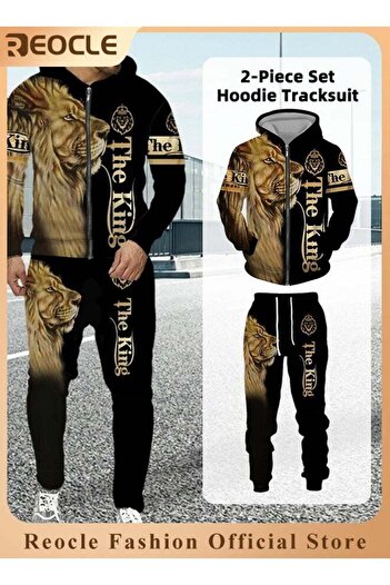 REOCLE Men's 2 Pcs Hoodie Set Sweatshirt Suit 3D Printed Long Sleeve Hoodie Trackpant Casual Suit