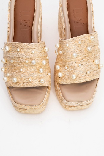 LuviShoes Papuci cu toc cu platformă RAYNE Bej din răchită perlat