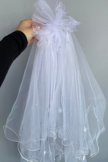 TAKIŞTIR White Color Pearl Detailed Princess Veil