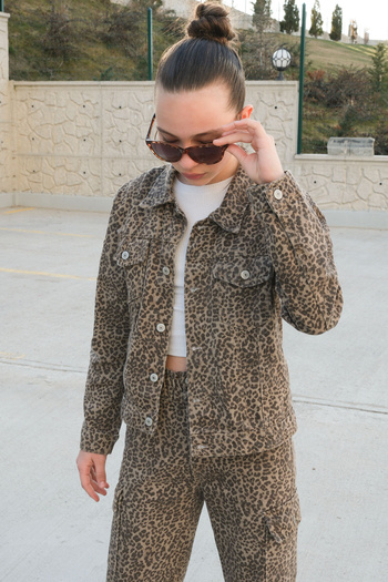 Cansın Mini Girls Leopard Print Buttoned Jacket Pants Jean Suit 20121