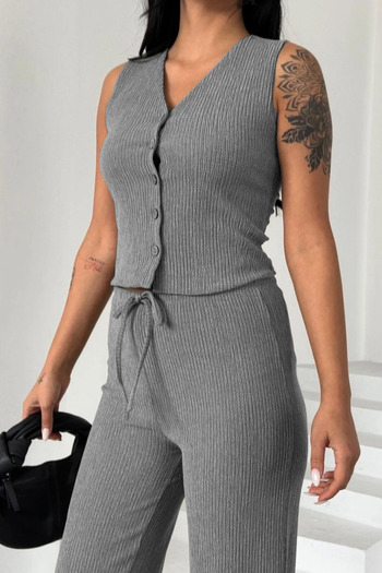 Siner Fashion Women's Gray Vest High Waist Pants Summer Suit