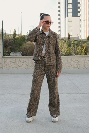Cansın Mini Girls Leopard Print Buttoned Jacket Pants Jean Suit 20121