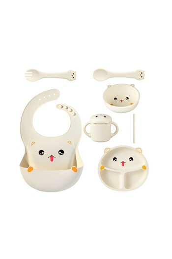 Flippy Set 7 Pieces Feeding Babies and Kids, Flippy, Silicone, BPA Free, Over 12 Months, Cat Model, Beige