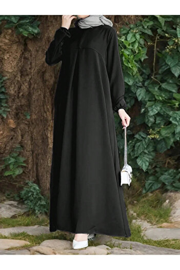 Atika Moda Stylish Solid Color Long Sleeve Round Neck Loose Fit Casual Dress