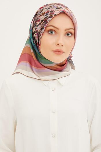 Armine Silk Scarf Nostalji Sura 8934Ds-02 Logo Pattern Cream-Multicolor
