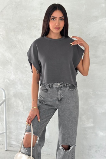 FEMELLE Women's Anthracite Round Neck Modal Fabric Basic T-Shirt
