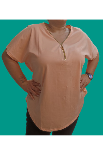 Barato V-Neck Zipper Detailed Plus Size Cotton Fabric Premium Blouse