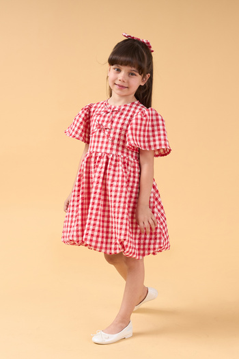 Minipodyum Girl's Gingham Patterned Buckle Balloon Dress