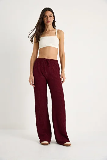 Bianco Lucci Women's Elastic Waist Tie Detailed Relaxed Cut Summer Seersucker Trousers 2234 60283348