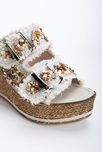 AYDOĞDU by ünal Alaçatı Stylish Wedge Sole Beige Slippers - 20400