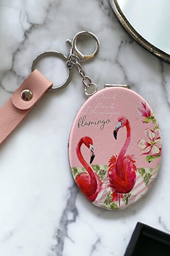TAKIŞTIR Light Pink Color Flamingo Figured Pocket Mirror / Keychain