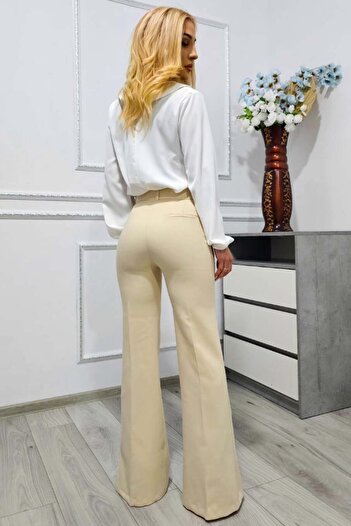 FashionForYou VELLAR flared trousers, elegant office cut and matching belt, Cream, S