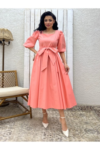 KÜÇÜĞÜM BUTİK Yavruağzı Big Bow Square Neck Flared Poplin Dress