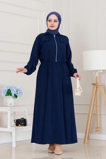 Sevitli Zippered Pocket Gilet Dress-Navy Blue