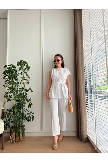 My Blog White Shoulder Twist Detailed Blouse Trousers Set - 8644