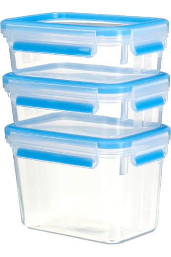 emsa Clip&Close 3-Piece Set – 2x 0.55L & 1x 1.1L Food Containers, Clear with Blue Lids
