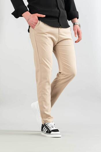 bombe Men's Beige Flexible Lycra Ankle Length Casual Comfortable Side Pocket Fabric Trousers