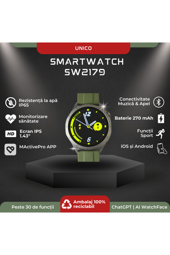 Unico Smartwatch Unico SW2179, Apel Bluetooth, Sport, Sanatate, Unisex, Argintiu, IP65
