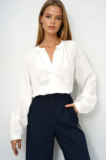 VAGGON Women's Ecru Judge Collar Self Patterned Woven Blouse Prmx13353