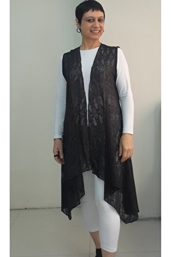 Mertcan Butik Black Asymmetrical Cut Loose Lace Vest