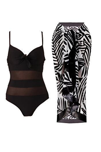 CUPSEA Women's Black Tulle Detailed Covered Swimsuit (Supported) Black Leaf Pattern Pareo Set of 2