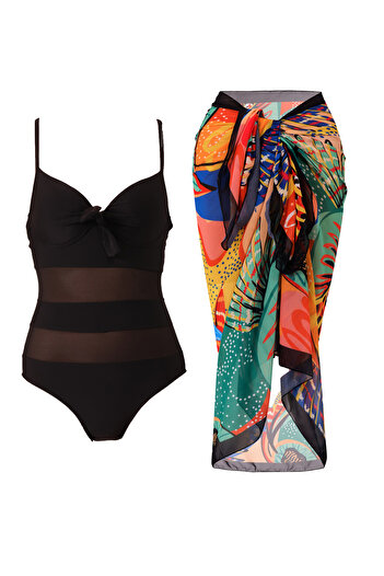 CUPSEA Women's Black Tulle Detailed Covered Swimsuit (Supported) Orange Leaf Star Pareo Set of 2