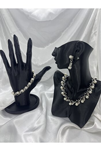 Yıldız Accessory Pearl Cubic Zirconia Set of 3 (Necklace, Bracelet and Double Earrings)