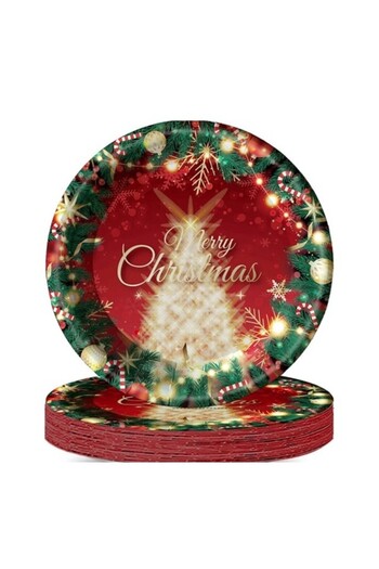 Flippy Set 16 Disposable Plates, Flippy, Christmas Tree Model 'Merry Christmas', Christmas Theme, 23 cm, Re