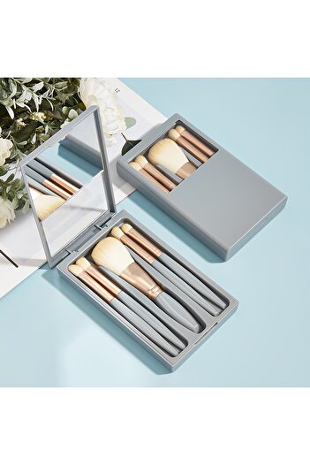 Flippy Set 5 Makeup Brushes with Soft Bristles, Flippy, Storage Holder and Mirror, Blue
