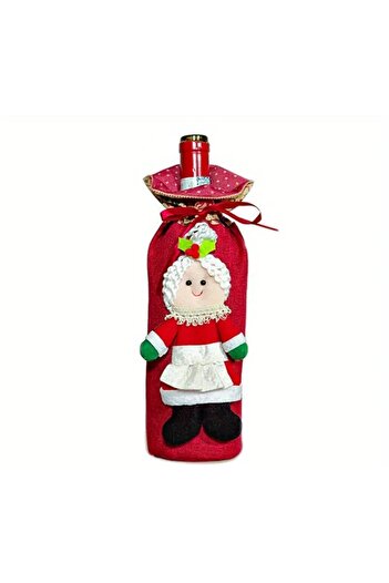 Flippy Decoratiune pentru Sticla de Vin, Flippy, Tema Craciun, Model Doamna Craciun, 14 x 29 cm, Rosu