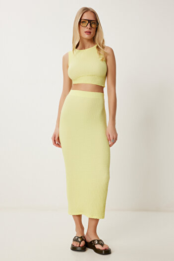 Happiness İstanbul Women's Yellow Textured Summer Blouse Skirt Suit Fw00010