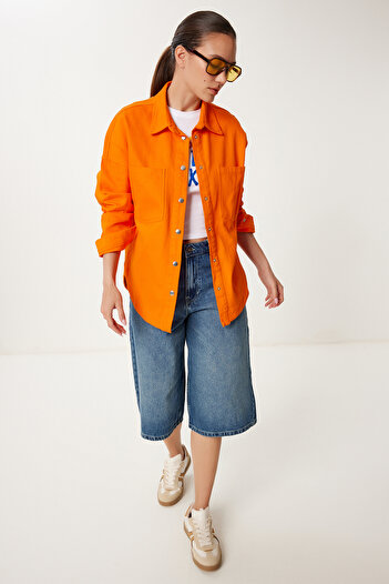 Happiness İstanbul Women's Orange Snap Fastener Seasonal Gabardine Shirt Jacket Sa00043