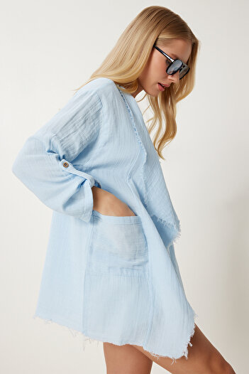 Happiness İstanbul Women's Sky Blue Fringed Seasonal Muslin Jacket Sa00037