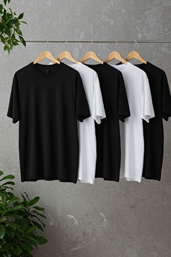 Trendyol Collection 3 Black-2 White 5-Piece Fish T-Shirt Regular Cut 100% Cotton