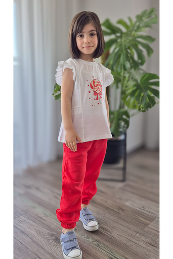 My Baby's World Red Candy Patterned Tshirt Elastic Muslin Trousers Girl's Cotton Summer Suit Mtyk0059