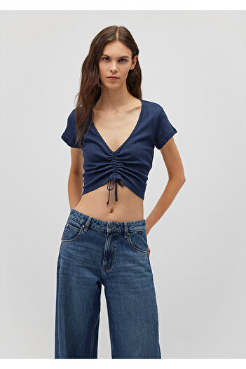 Mavi Navy Blue Crop Top - Gathered, Slim Fit, Slim Fit 1612670 -82454