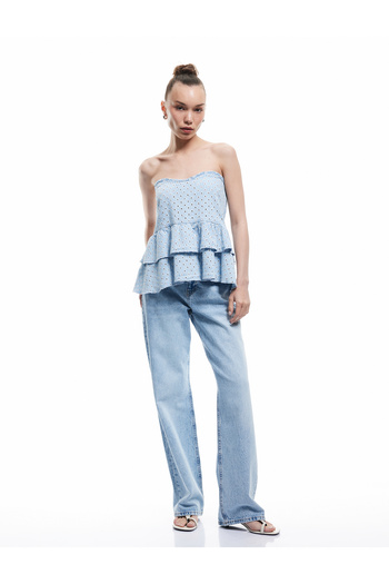 Koton Cotton Heart Neckline Sleeveless Denim Tank Top with Flywheel Detail