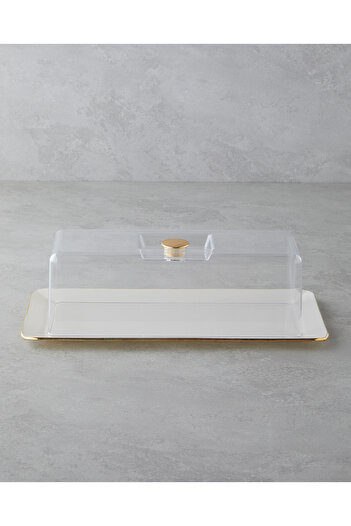 English Home Lustre Cam Kapaklı Kek Standı 36,5x17,5 cm Krem-Gold