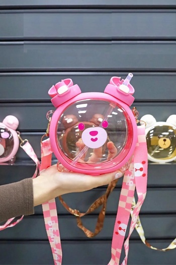 M&B WATER BOTTLE 750ml Free Bpa School Waterer - Cute with Teddy Bear and Straw Double Lid Water Bottle Neck Strap Children's Waterer
