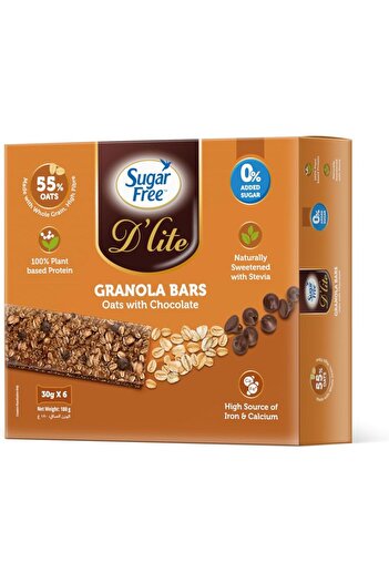 SUGAR FREE D'LITE ألواح جرانولا دي لايت خالية من السكر بالشوفان والشوكولاتة 180 جرام (30 جرام × 6 قطع)