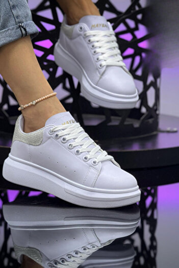 Weynes Women's White Silver High Flat Sole Casual Sneakers Wsb4010