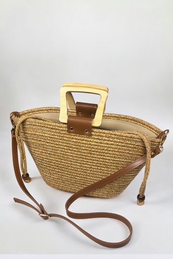 MaVaux Woody Wooden Handle Leather Detailed Jute Straw Look Vip Bag with Inner Lining