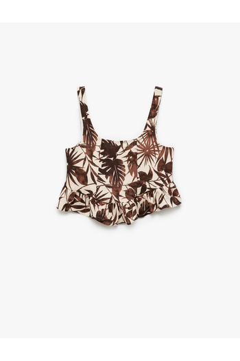 Koton Viscose and Linen Blended Square Neck Print Strap Crop Blouse