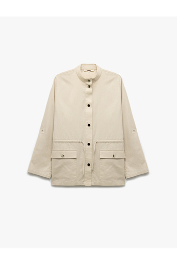 Koton Long Sleeve Flap Pocket Detailed Stand Collar Linen Jacket