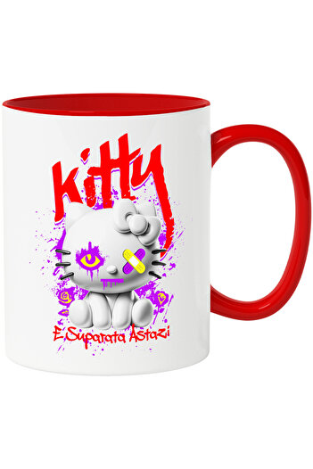 StoryGift Romania Hello Kitty Style White Cat Mug With Eye Patches Text Kitty Angry Ace, With Red Handle