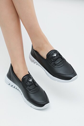 ALTUNTAŞ Women's Ballerinas Black Faux Leather Ballerinas Comfortable Lightweight Ballerinas Daily Ballerinas Black White